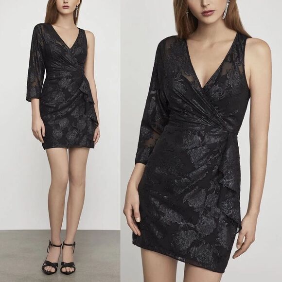 BCBGMAXAZRIA One Shoulder Floral Faux Wrap Lace Mini Cocktail Dress BlacK 10 - Picture 2 of 10